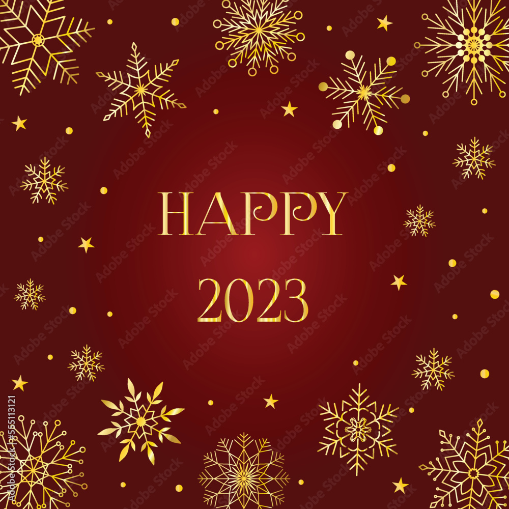 Elegant Happy New Year 2023 Christmas greeting card with gold snowflake round frame with copy space on dark red background. Minimalist retro vintage style template for holiday banner Elegant Happy New Year 2023 Christmas greeting card with gold snowflake round frame with copy space on dark red background. Minimalist retro vintage style template for holiday banner