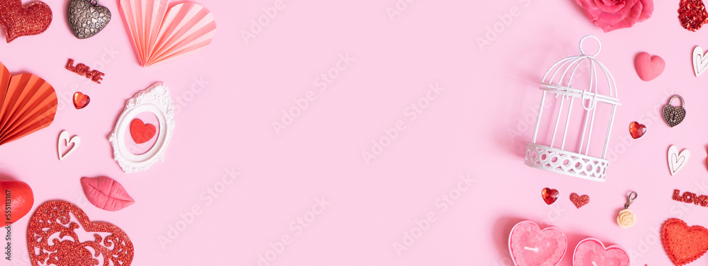 Banner with pattern from different hearts and valentines day symbols elements top view. Creative valentines day flat lay background Banner with pattern from different hearts and valentines day symbols elements top view. Creative valentines day flat lay background