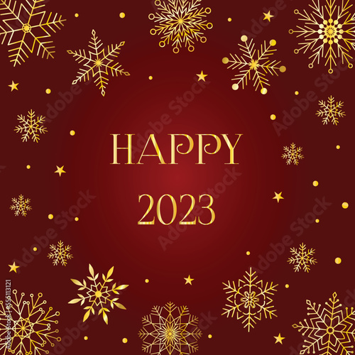Elegant Happy New Year 2023 Christmas greeting card with gold snowflake round frame with copy space on dark red background. Minimalist retro vintage style template for holiday banner