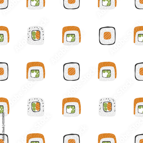 Seamless pattern with variation Sushi roll set illustration on white background