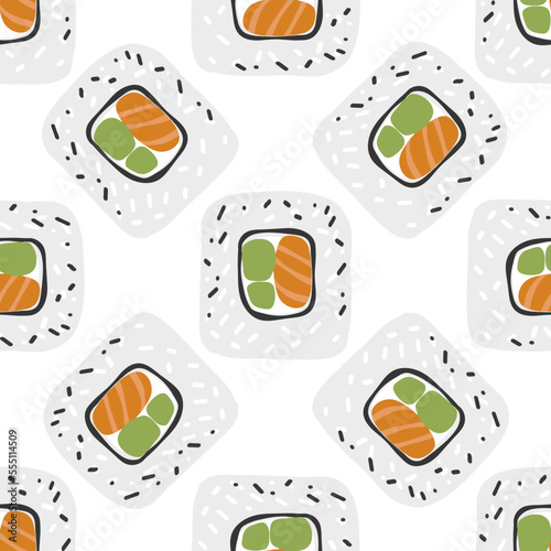 Seamless pattern with Sushi roll illustration on white background