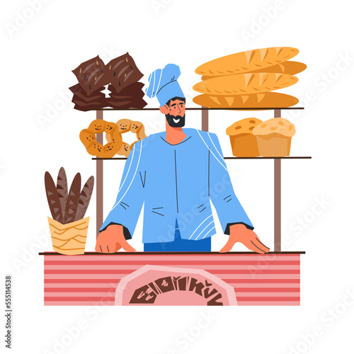 Baker behind the counter of a bakery shop. Design element for advertising bakery and bakeshop in social networks and printed materials, flat vector illustration isolated on white.