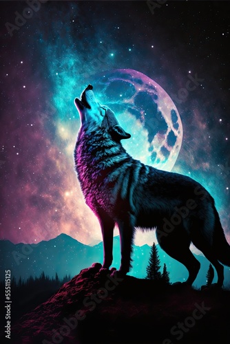 Wolf howling to the moon, illustrative colorfully poster, aurora on the sky. Generative ai. 
