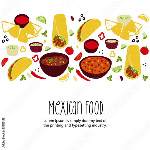 Mexican food illustration Tacos, Burrito, Chili Con Carne, Nachos, Guacamole on white background