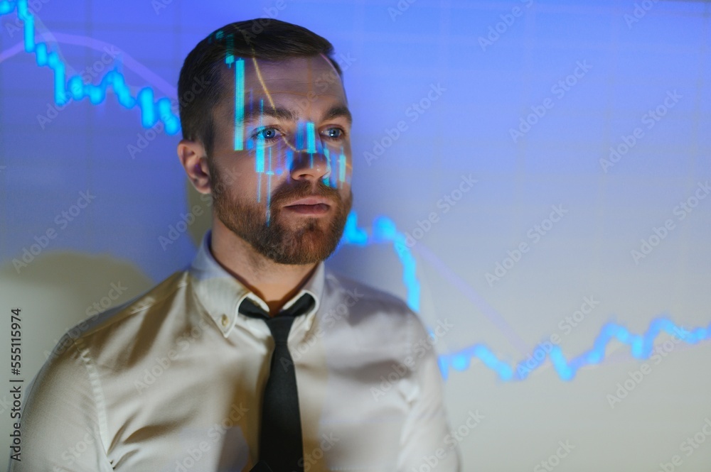 Stock Market Trader Working Investment Charts, Graphs, Ticker, Diagrams Projected on His Face. Financial Analyst and Digital Businessman Selling Shorts and Buying Longs Stock Market Trader Working Investment Charts, Graphs, Ticker, Diagrams Projected on His Face. Financial Analyst and Digital Businessman Selling Shorts and Buying Longs