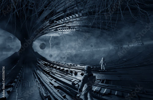 Interior of an abandoned space station, empty room, 3D illustration Fototapet