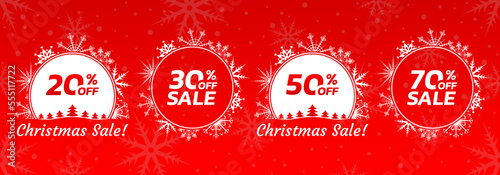 Christmas sale icon, label or banner. Xmas discount promotion poster or card template with snowflakes. 20, 30, 50, 70 percent price off. Vector illustration.