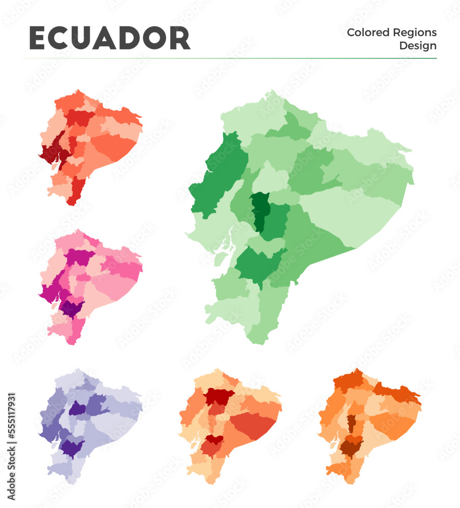 Ecuador map collection. Borders of Ecuador for your infographic. Colored country regions. Vector illustration. Ecuador map collection. Borders of Ecuador for your infographic. Colored country regions. Vector illustration.