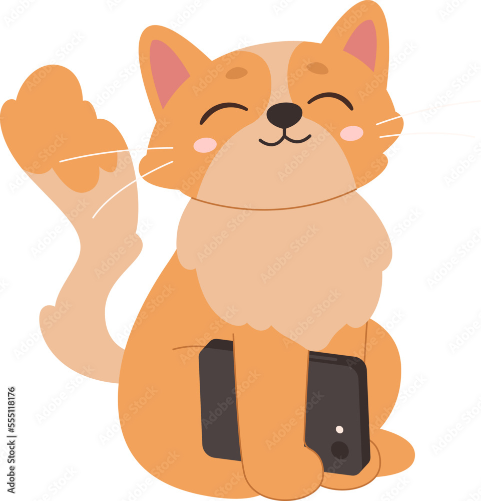 Cute red cat with smartphone flat icon Funny domestic animal Cute red cat with smartphone flat icon Funny domestic animal