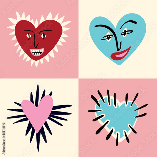 A card with hearts for Valentine's Day. Groovy cute love characters. Vector illustration in doodle style