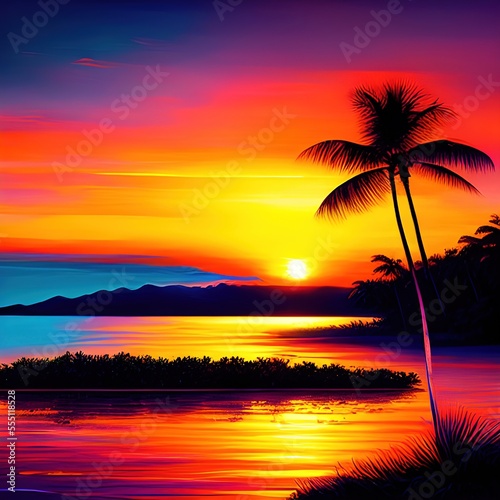3159647933-dreamlikeart, Tropical sunset or sunrise with lake background__ ### Deformed, blurry, bad anatomy, disfigured, poorly 