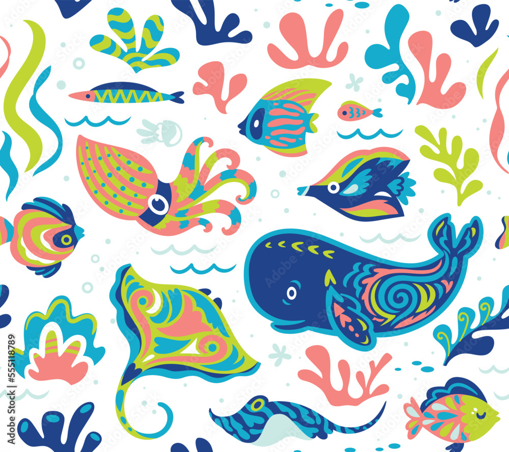 Seamless pattern with cute underwater life in ethnic style