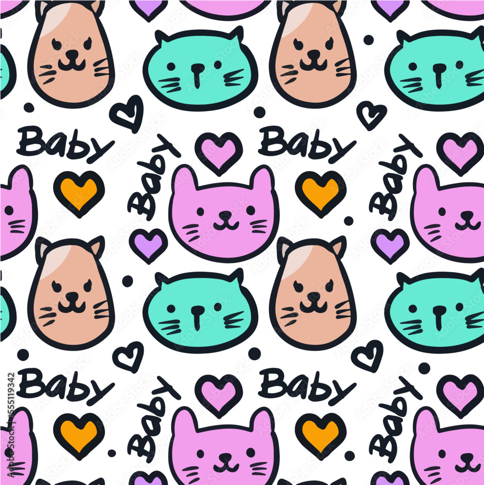 Cute cats doodle illustration childish seamless pattern Cute cats doodle illustration childish seamless pattern