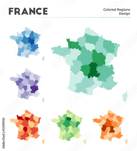 France map collection. Borders of France for your infographic. Colored country regions. Vector illustration.