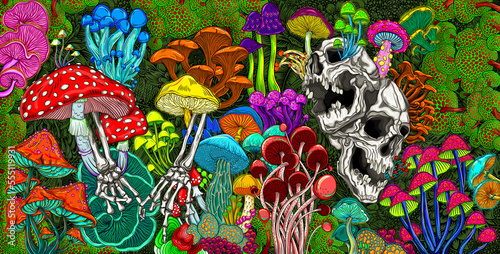 Quadro su tela Abstract colorful background with bright magical psychedelic mushrooms and skulls