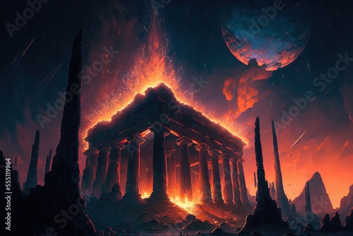 a fiery meteorite hit a ancient greek city causing an apocalyptic explosion. catastrophe. Generative AI