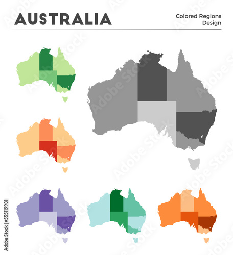 Australia map collection. Borders of Australia for your infographic. Colored country regions. Vector illustration.