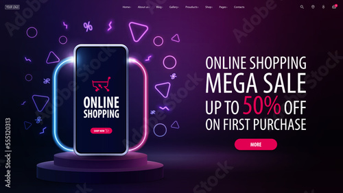 Online shopping, mega sale, purple web banner with offer and smartphone on podium with line gradient neon square frame with rounded corners.