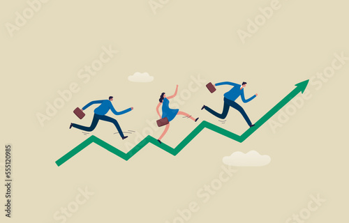 Business, competition, progress. Competition for career growth or an increase in sales. .Competition of employees. Businessman and woman compete running on arrow. Illustration