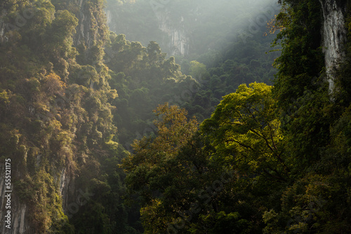 Sunbeams pierce the deep green rainforest in the karst mountains of Cheow Lan Lake, Khao Sok, Thailand