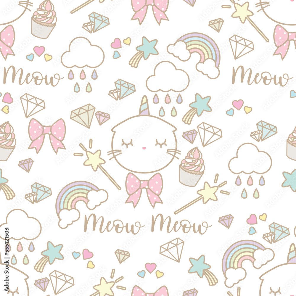 Cute seamless pattern head cat unicorn with cute item in pastel