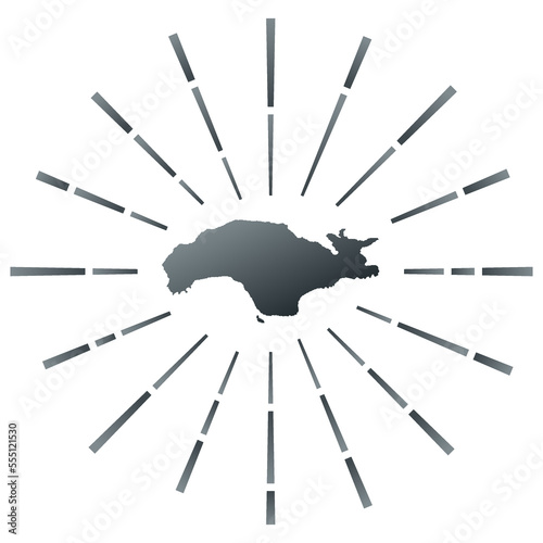 Samos gradiented sunburst. Map of the island with colorful star rays. Samos illustration in digital, technology, internet, network style. Vector illustration.