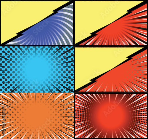 Comic book colorful frames background with rays. radial. halftone and dotted effects pop art style