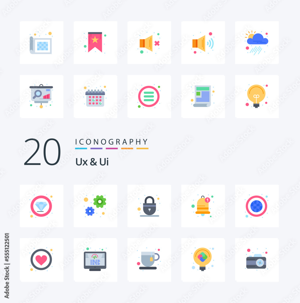 20 Ux And Ui Flat Color icon Pack. like network. earth. padlock. reminder. bell