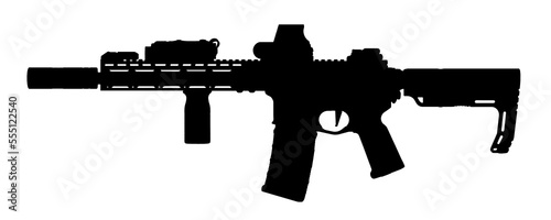 Silhouette image of ar assault rifle weapon with front grip and red dot sign isolated on white background photo