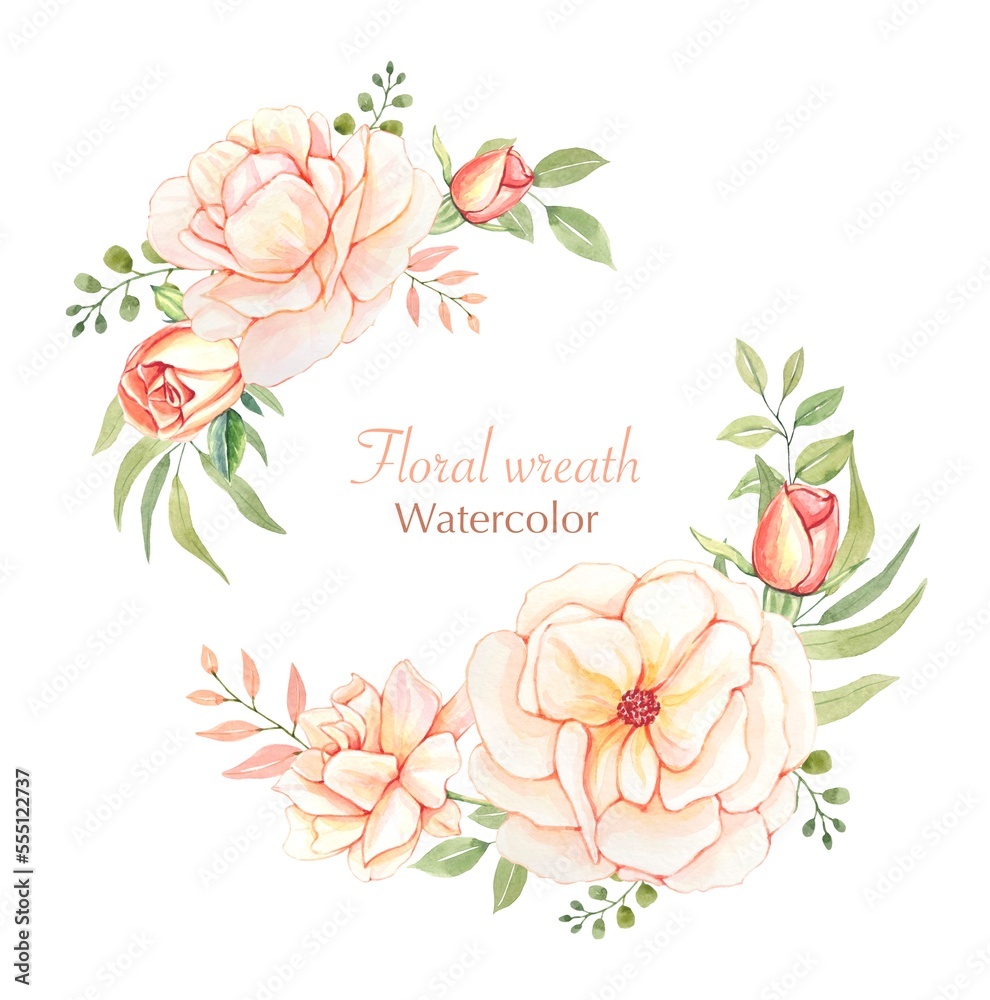 Naklejka premium Watercolor floral wreath , illustration with text space. It's perfect for greeting cards,wedding invitation