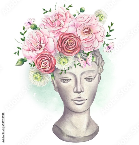 Floral vintage bouquet with pink roses, a bouquet in a plaster head. Watercolor illustration © Diasha Art