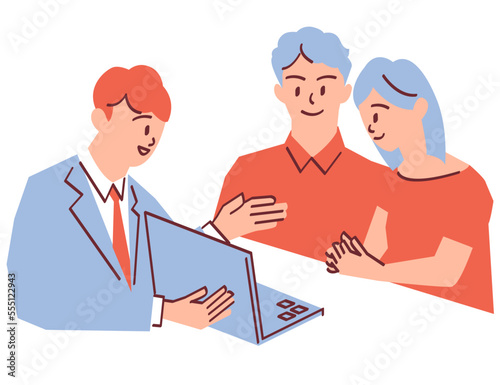 プレゼンをする営業マンと話を聞く夫婦のイラスト