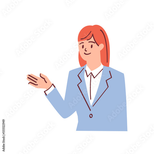 案内をするスーツの女性のイラスト
