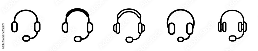 Conjunto de iconos de audífonos. Auriculares. Concepto de atención al cliente. servicio de llamadas 24 horas. Audífonos de diferentes estilos. Ilustración vectorial Conjunto de iconos de audífonos. Auriculares. Concepto de atención al cliente. servicio de llamadas 24 horas. Audífonos de diferentes estilos. Ilustración vectorial