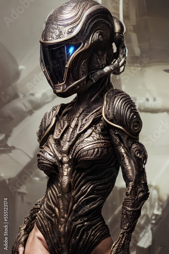 Portrait of a female cyborg robot alien with amor and helmet from an other planet. Extraterrestrial visitor, alien Invasion, space species. Digital illustration created with Generative AI