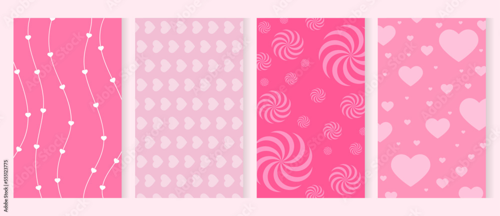 Cheerful bright vector set of illustrations for Valentine's Day in pink colors with hearts
