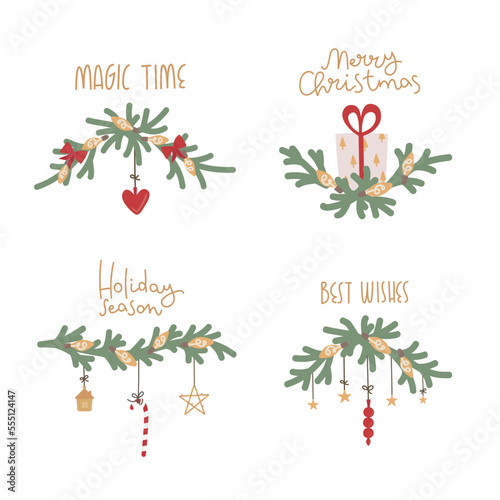 Christmas nature design greeting vector illustration. Fir branch with decoration, bow, toys, gift, bulb, garland, lettering