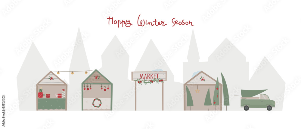 Christmas market with gifts, firs kiosk, wooden winter house. Marketplace for banner
