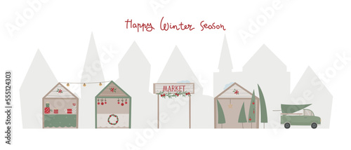 Christmas market with gifts, firs kiosk, wooden winter house. Marketplace for banner