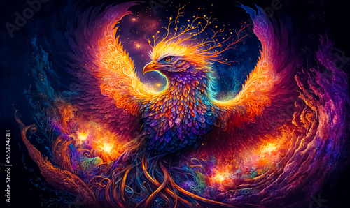 Fantasy background with enchanted Phoenix bird. fantastic magical illustration. Digital art. photo