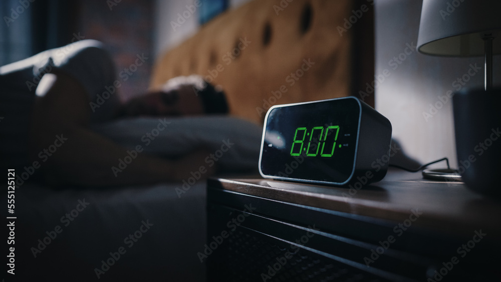 Man Wakes Up and Turns off Alarm Clock. Early Rising Productive Man Ready  Start a Day