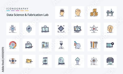25 Data Science And Fabrication Lab Line Filled Style icon pack. Vector iconography illustration