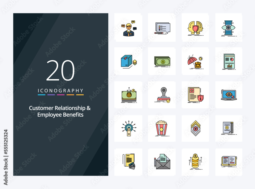 20 Customer Relationship And Employee Benefits line Filled icon for presentation. Vector icons illustration