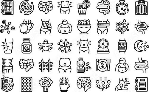 Belly icons set outline vector. Weight after. Fat man