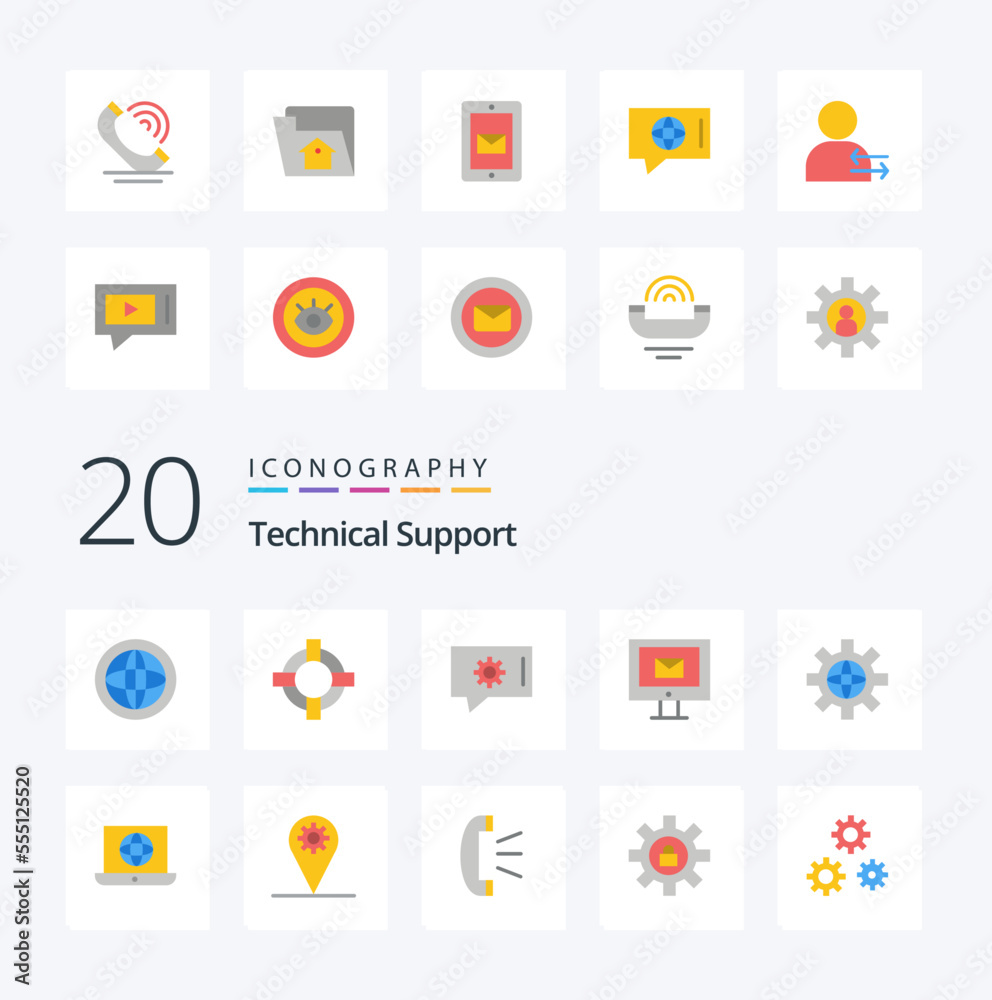 20 Technical Support Flat Color icon Pack. like setting. world. chat preferences. service. mail