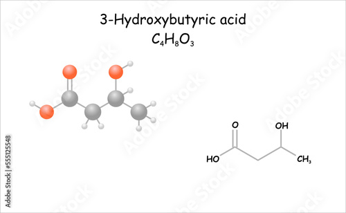 Stylized molecule model/structural formula of 3-Hydroxybutyric acid. photo