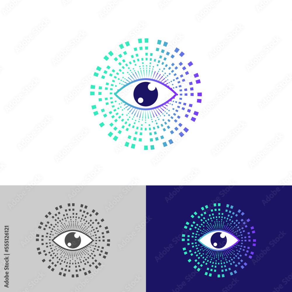 Eyes rotating spiral logo vector. Creative camera shutter sight logotype. Photo video control sign.