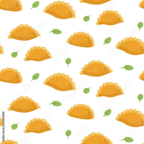 Empanadas seamless pattern. Fried pie background with green leaves. Traditional Latin American and spanish fast food. Empanada in flat style illustration for cafe fast food design.