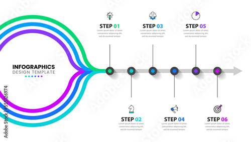 Infographic template. 6 connected lines with an arrow. Vector