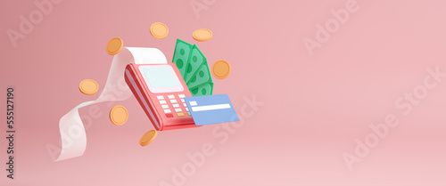 POS terminal with receipt and credit card. Digital transfer of money and data. Contactless payment via NFC technology wireless pay by credit card. money-saving, cashless society.3d render illustration